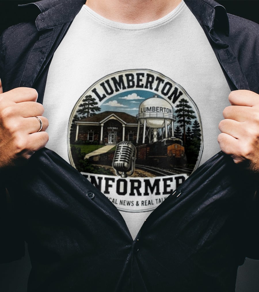 Lumberton Informer Local News Real Talk City Hall Microphone Train Tower Scenery T-Shirt