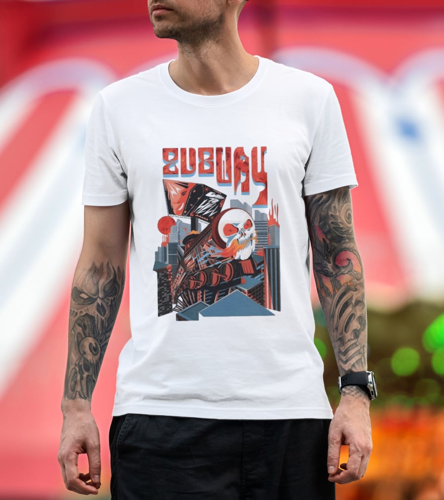 Subway Goes To Hell Skull Train Surreal Cityscape T-Shirt