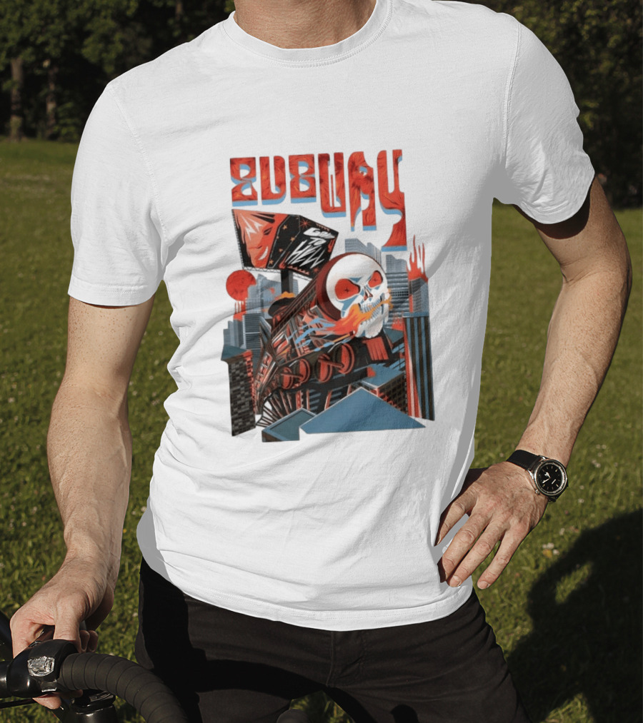Subway Goes To Hell Skull Train Surreal Cityscape T-Shirt