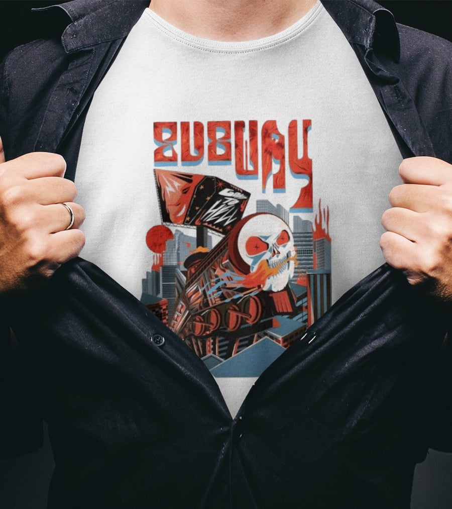 Subway Goes To Hell Skull Train Surreal Cityscape T-Shirt