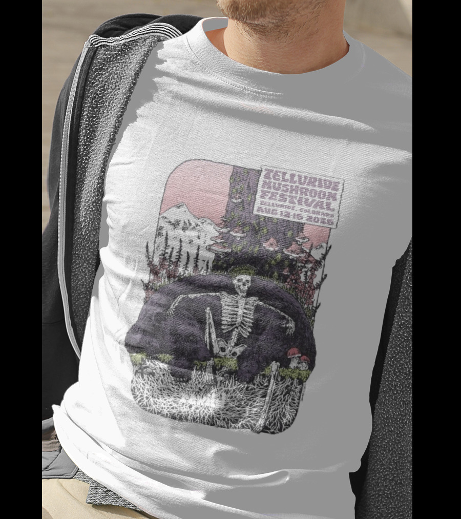Telluride Mushroom Festival August 12 16 2026 Colorado Skeleton Bear Mountain Scene T-Shirt