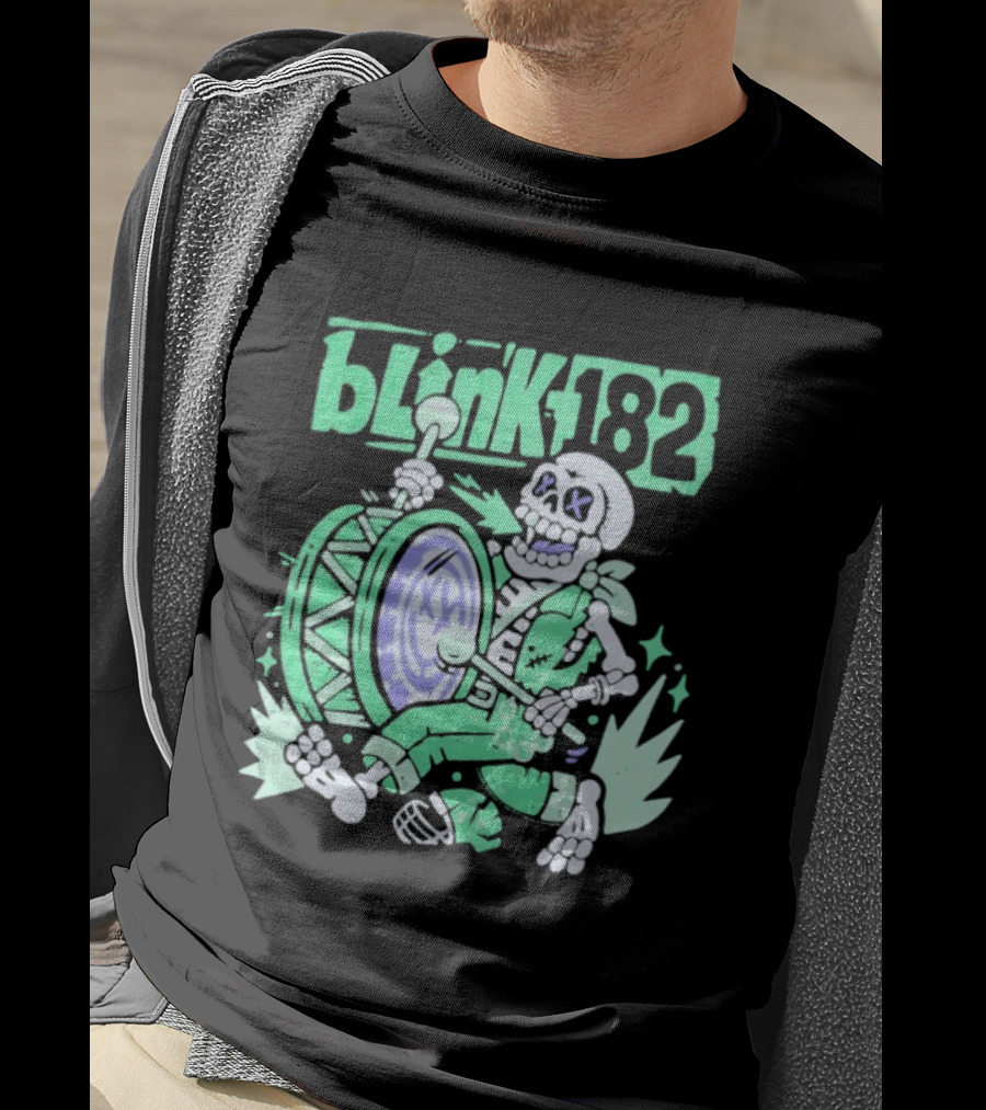 Blink 182 Skeleton Drum Art With Playful Percussion T-Shirt