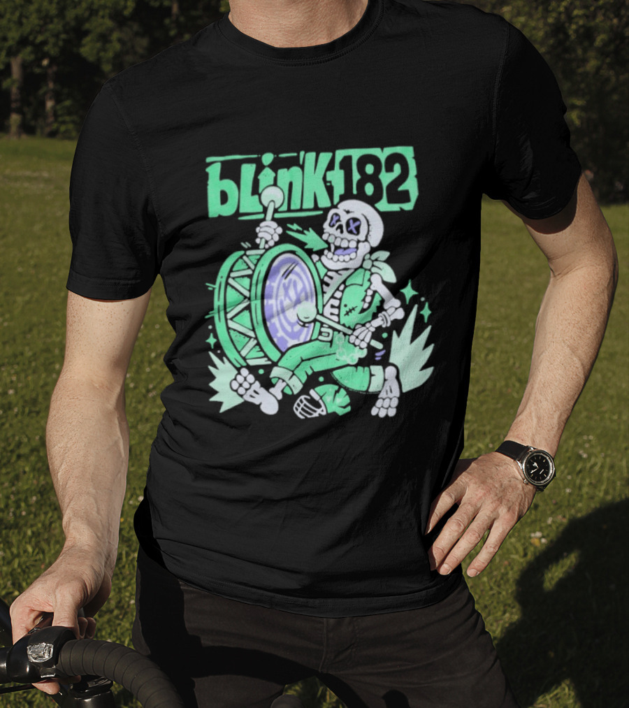 Blink 182 Skeleton Drum Art With Playful Percussion T-Shirt