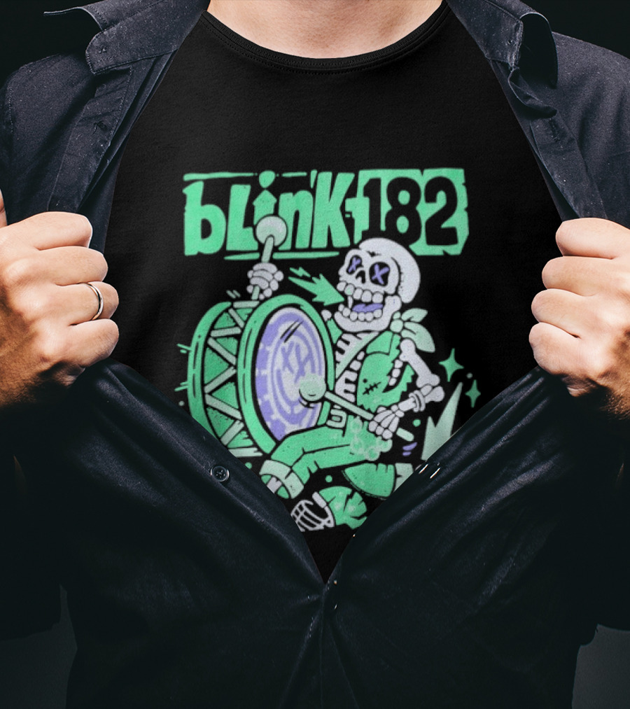 Blink 182 Skeleton Drum Art With Playful Percussion T-Shirt