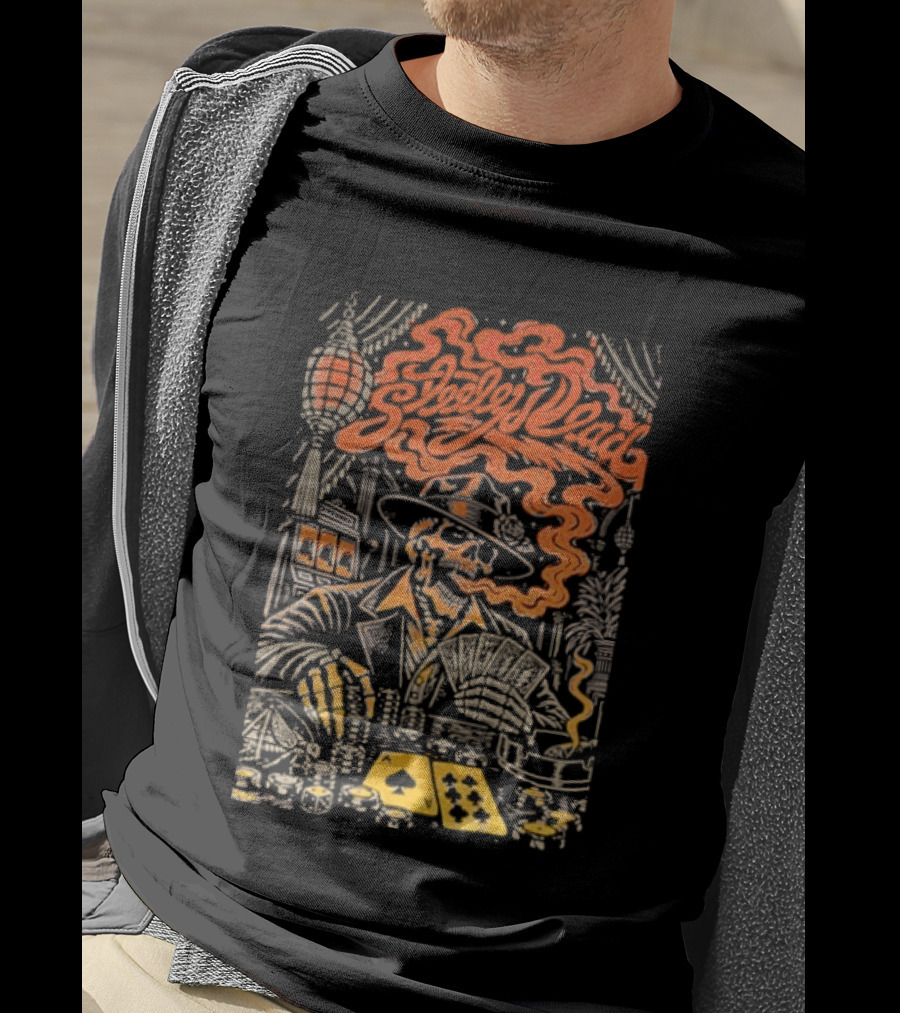 Steely Dead Skeleton Smoking Poker Playing Halloween Oct 31st Nectar T-Shirt