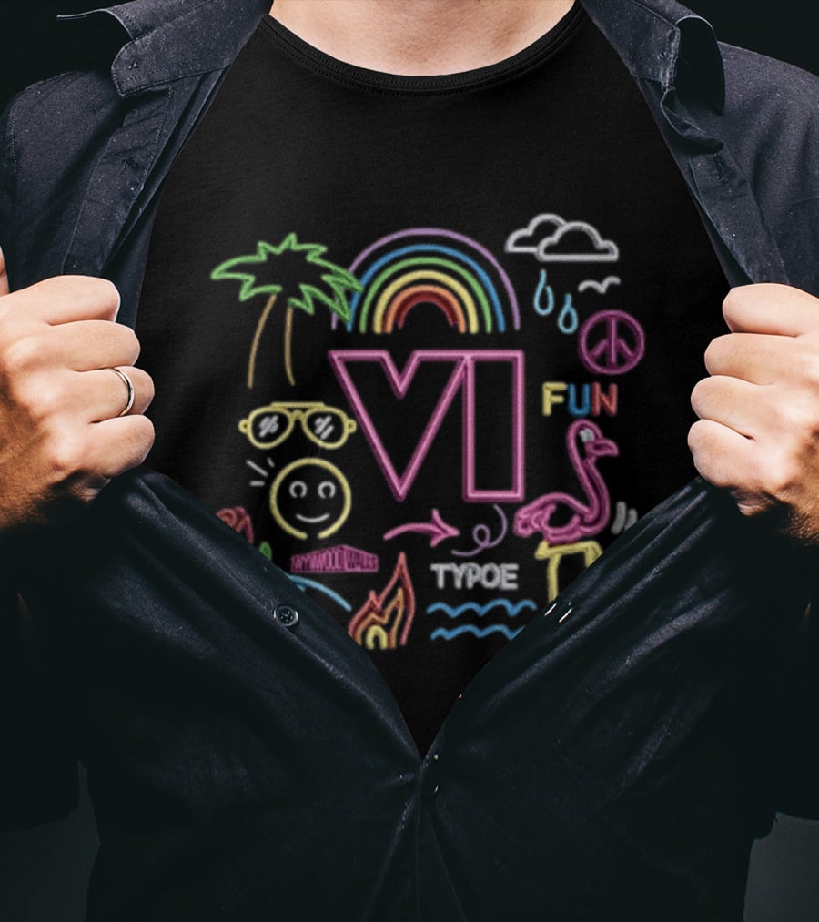 Neon Vice City VI Typoe Palm Flamingo Rainbow Fun Peace Tropical 2026 T-Shirt