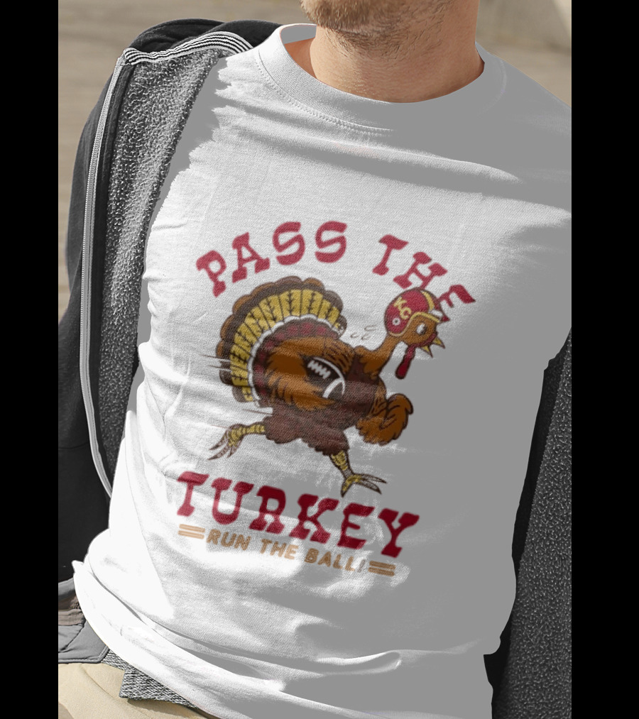 Turkey Playing Football Pass The Turkey Run The Ball KC Chiefs Thanksgiving T-Shirt