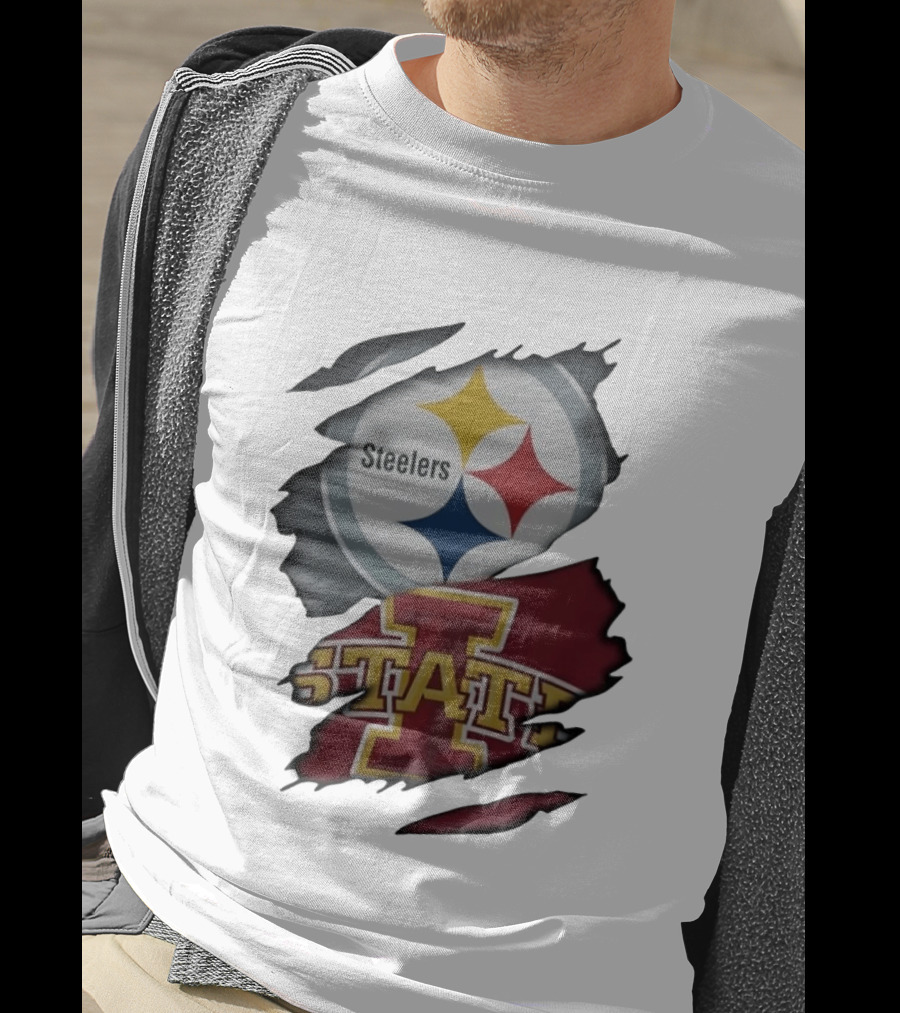 Pittsburgh Steelers Iowa State Cyclones Ripped Fabric Football Fandom Fusion T-Shirt