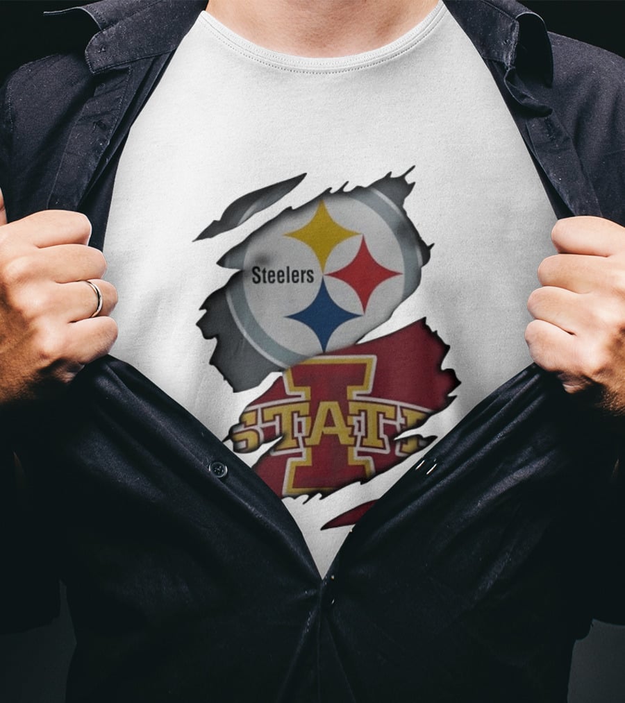Pittsburgh Steelers Iowa State Cyclones Ripped Fabric Football Fandom Fusion T-Shirt