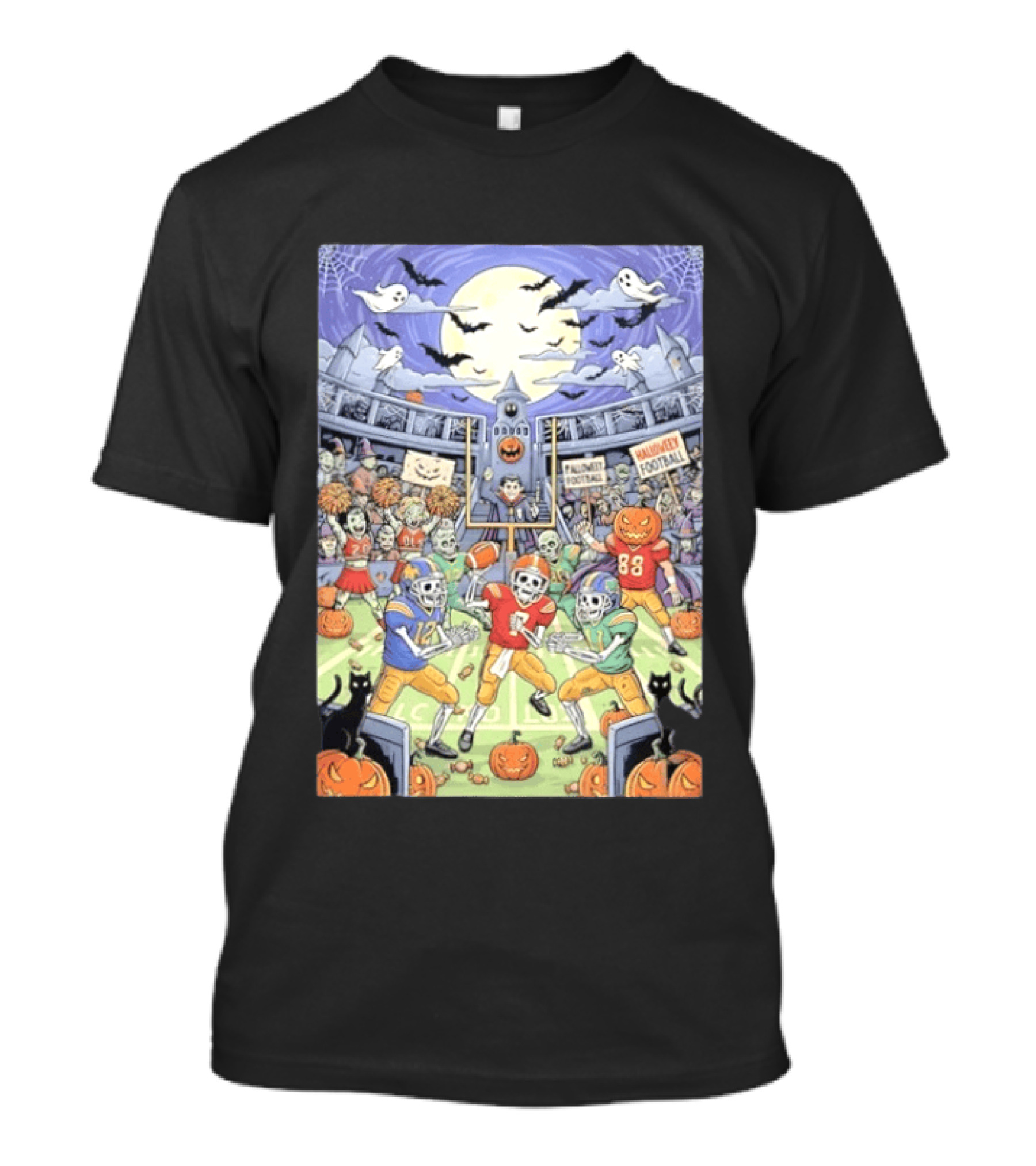 American Football Skeleton Players Halloween Spooky Stadium Night Pumpkins Ghosts Bats T-Shirt