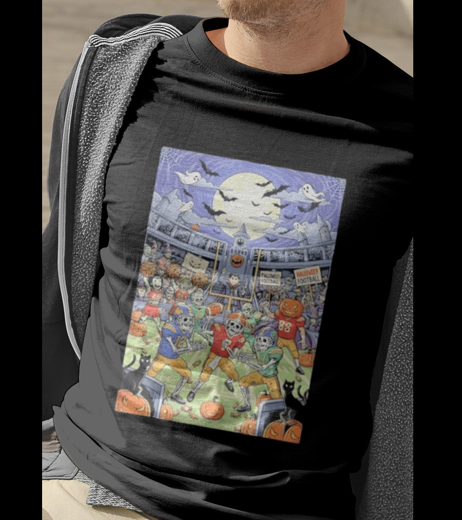 American Football Skeleton Players Halloween Spooky Stadium Night Pumpkins Ghosts Bats T-Shirt