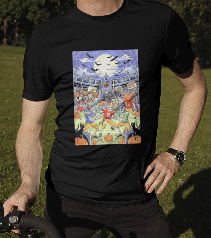 American Football Skeleton Players Halloween Spooky Stadium Night Pumpkins Ghosts Bats T-Shirt