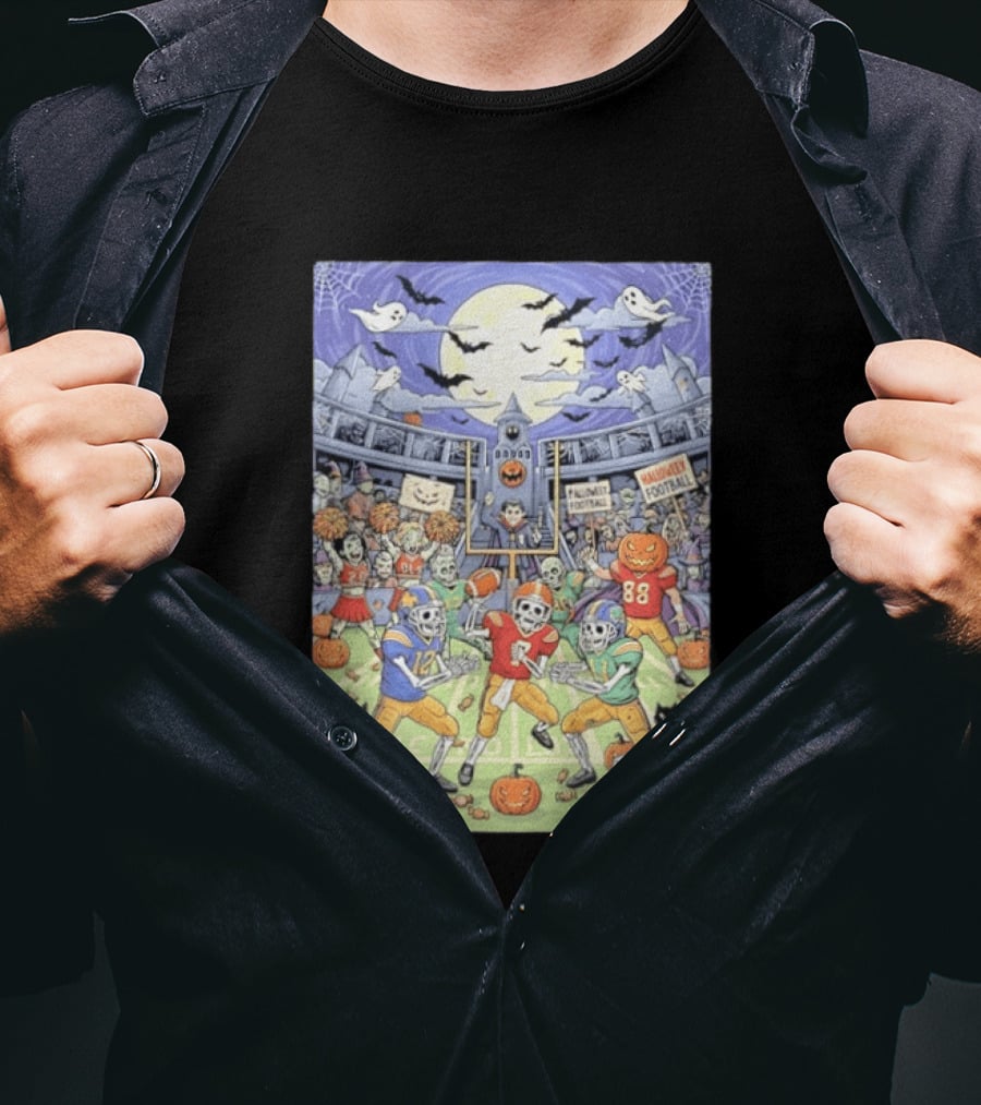 American Football Skeleton Players Halloween Spooky Stadium Night Pumpkins Ghosts Bats T-Shirt