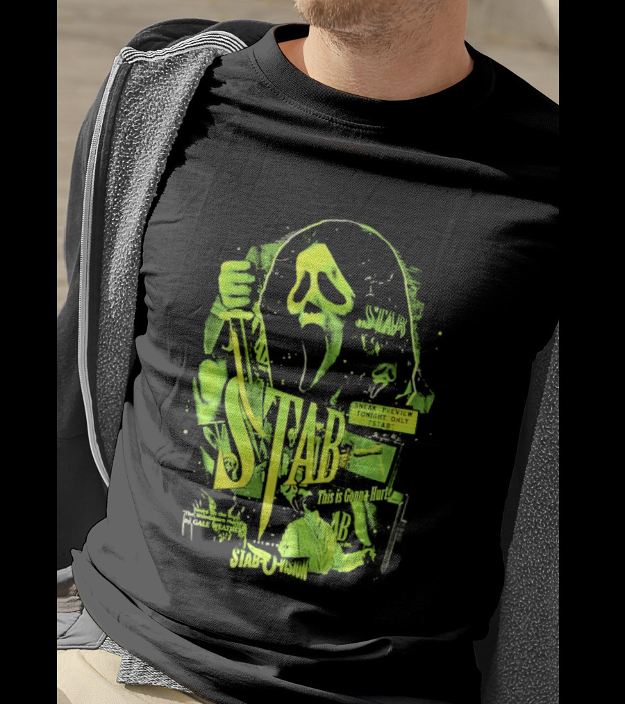 Ghostface Stab O Vision Horror Movie Mask Knife Graphic Neon T-Shirt