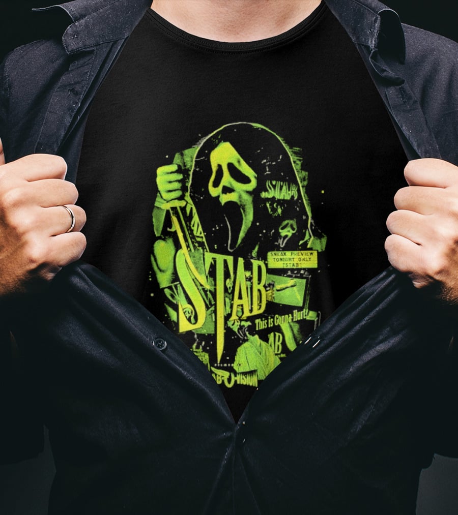 Ghostface Stab O Vision Horror Movie Mask Knife Graphic Neon T-Shirt