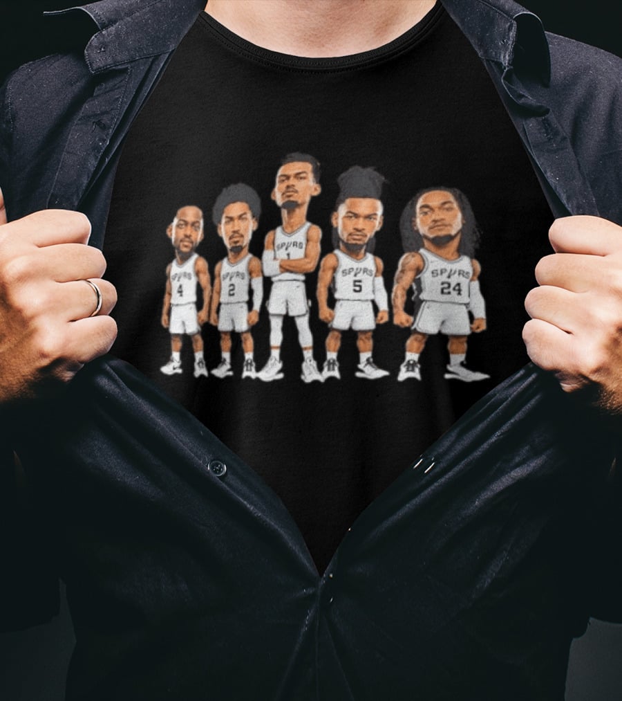 San Antonio Spurs Wembanyama Fox Starting 5 Caricature Players T-Shirt
