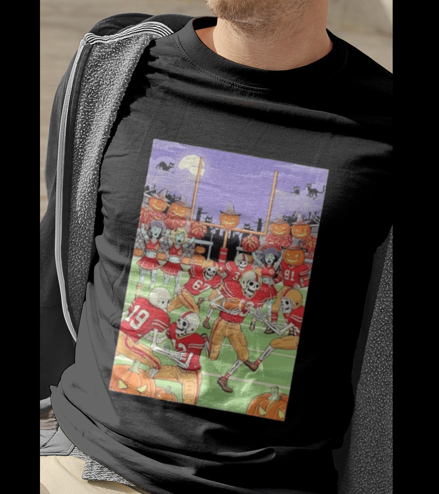 San Francisco 49ers Skeleton Football Halloween Pumpkin Cheerleaders Moon Cats T-Shirt