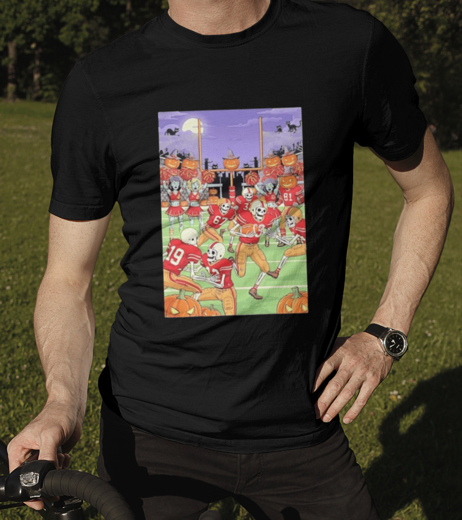 San Francisco 49ers Skeleton Football Halloween Pumpkin Cheerleaders Moon Cats T-Shirt