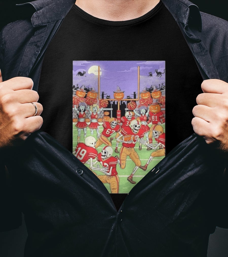 San Francisco 49ers Skeleton Football Halloween Pumpkin Cheerleaders Moon Cats T-Shirt