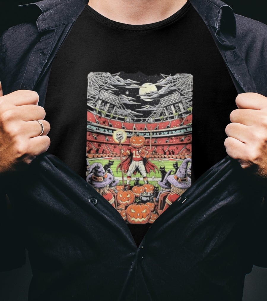 Kansas City Chiefs Halloween Stadium Pumpkins And Witches Scene T-Shirt