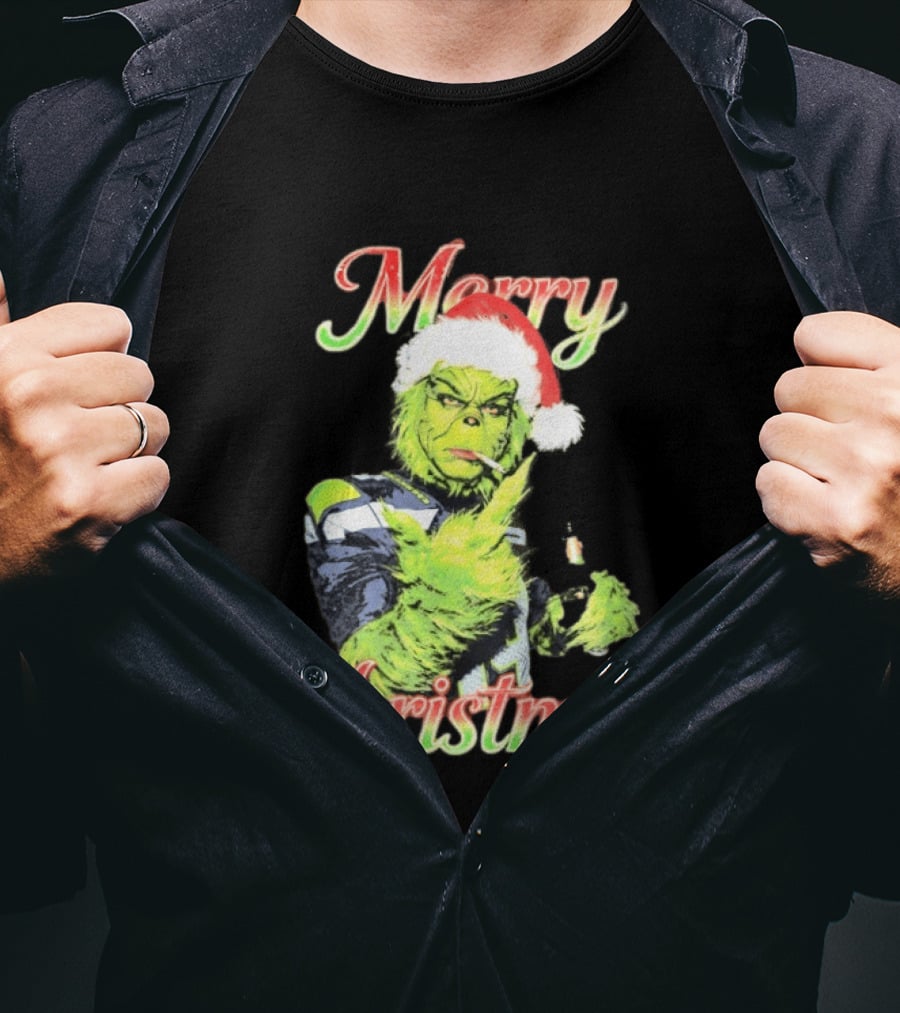 Merry Christmas Seattle Seahawks Grinch Beer Middle Finger T-Shirt