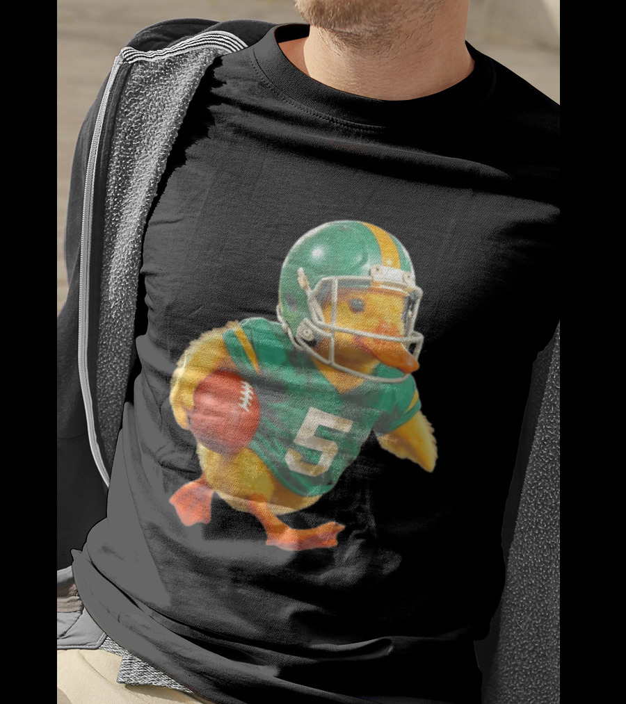 Yellow Duck Number 5 In Green Football Jersey With Helmet And Ball T-Shirt