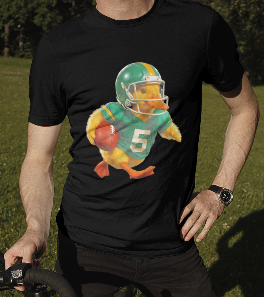 Yellow Duck Number 5 In Green Football Jersey With Helmet And Ball T-Shirt