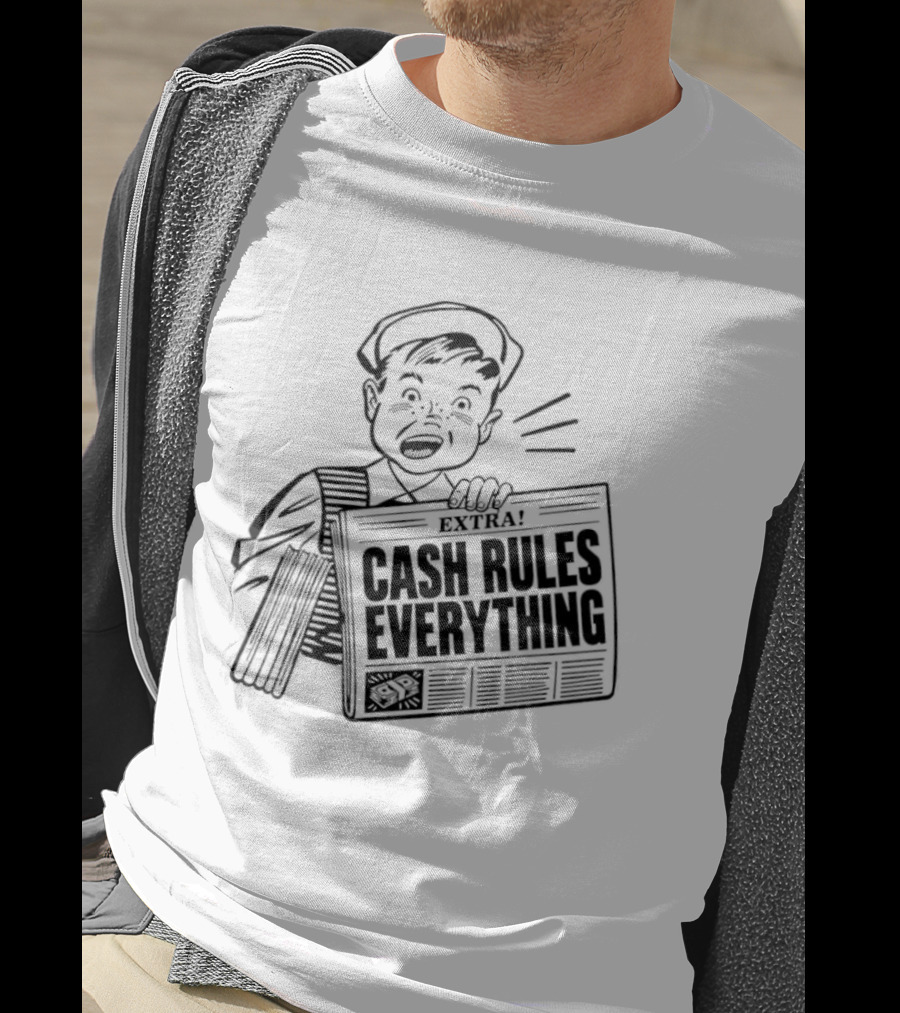 Cash Rules Everything Newspaper Boy Vintage Style Drawing T-Shirt