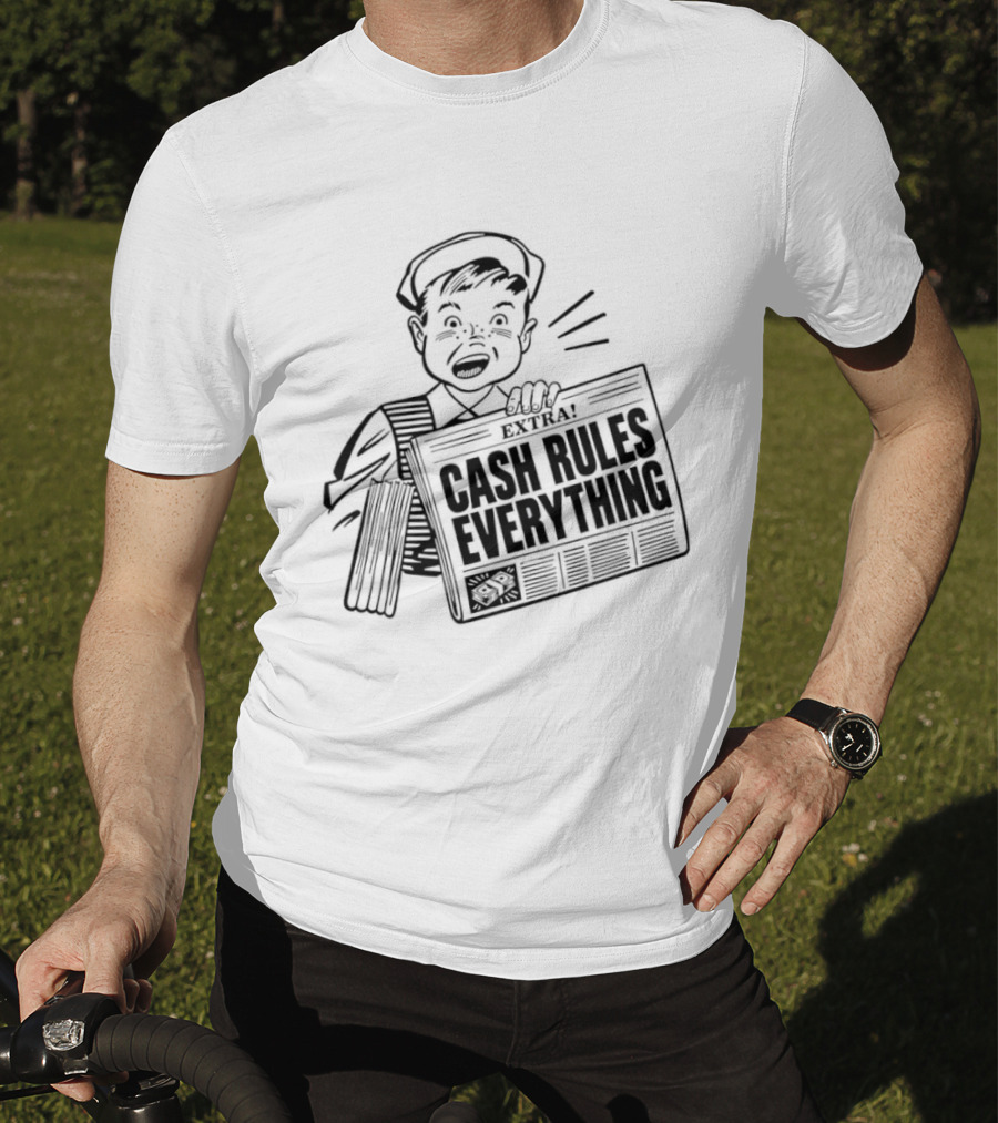 Cash Rules Everything Newspaper Boy Vintage Style Drawing T-Shirt
