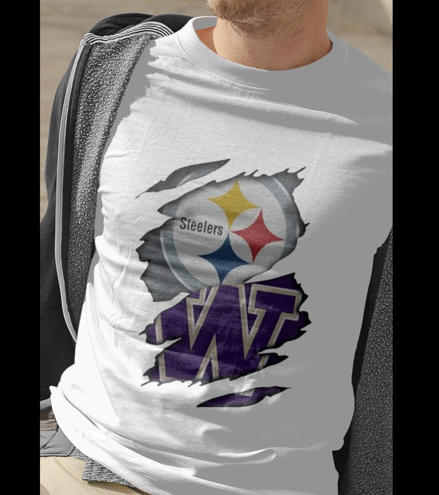 Pittsburgh Steelers Washington Huskies Ripped Logo Collaboration T-Shirt