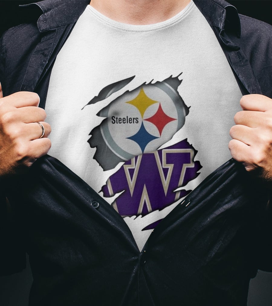Pittsburgh Steelers Washington Huskies Ripped Logo Collaboration T-Shirt