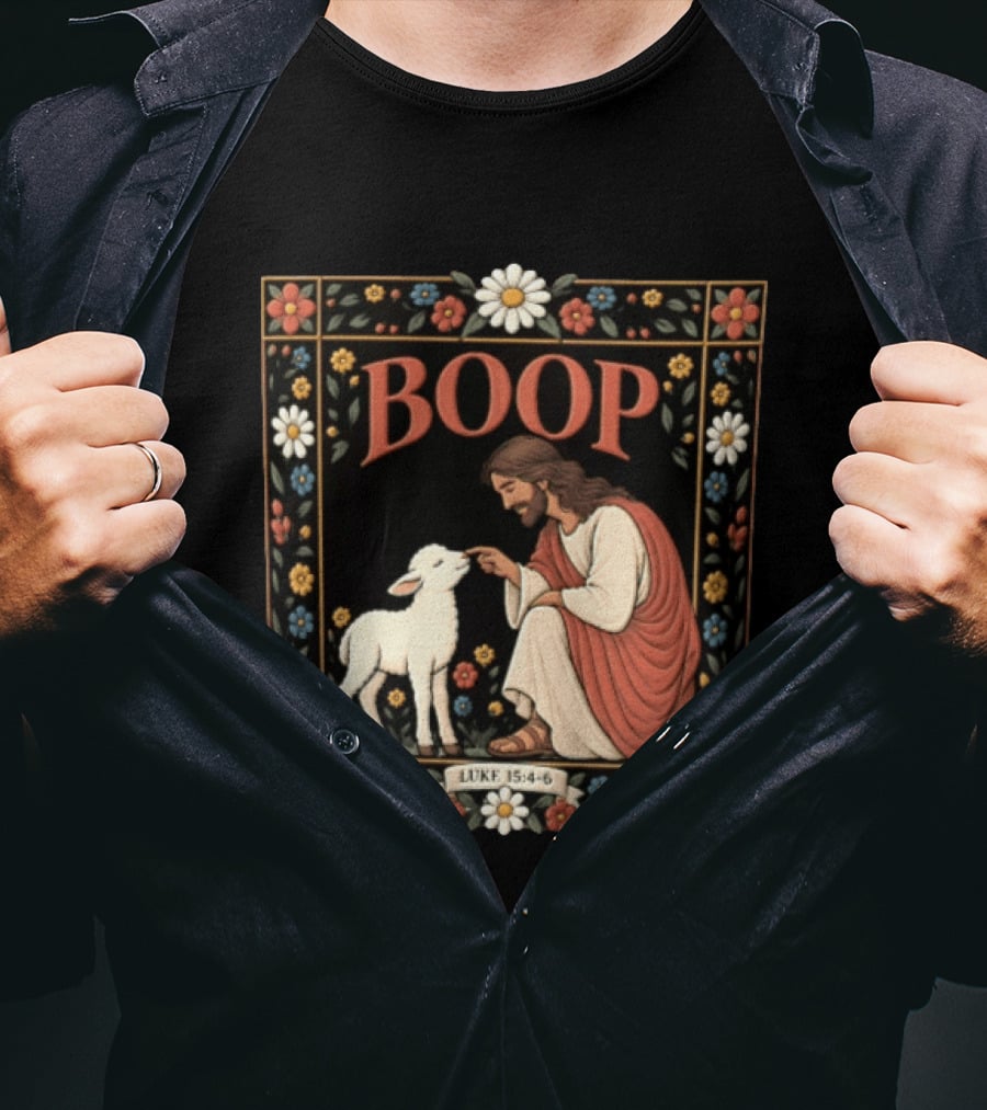 BOOP Luke 15:4 6 Jesus Kneeling Touching Nose Of White Lamb T-Shirt