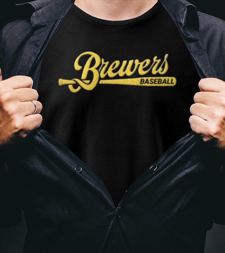 Milwaukee Brewers Yellow Script Baseball Bat Brewers T-Shirt