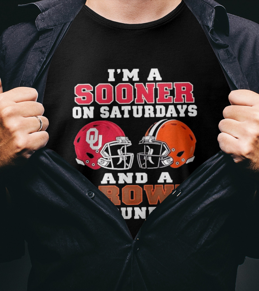 I'm A Sooner On Saturdays And A Brown On Sundays OU Red And Orange Helmets T-Shirt