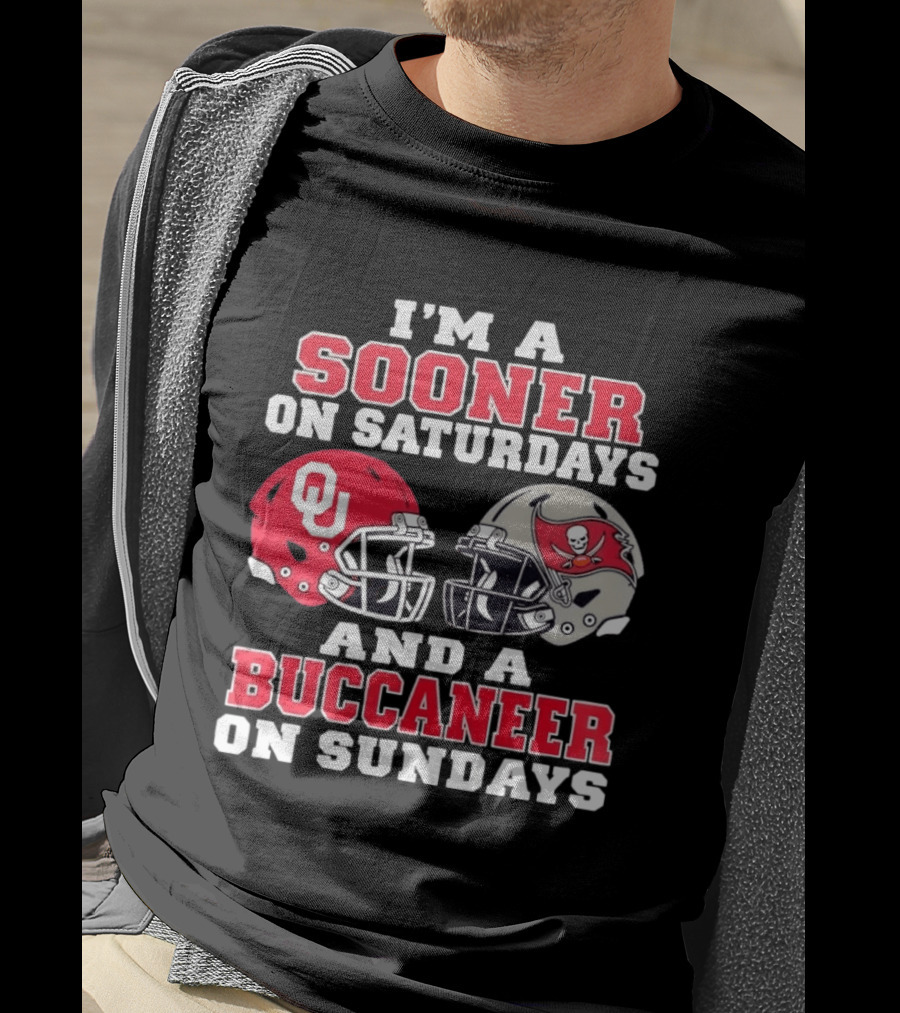 I'm A Sooner On Saturdays And A Buccaneer On Sundays Football Helmets OU Tampa Bay T-Shirt