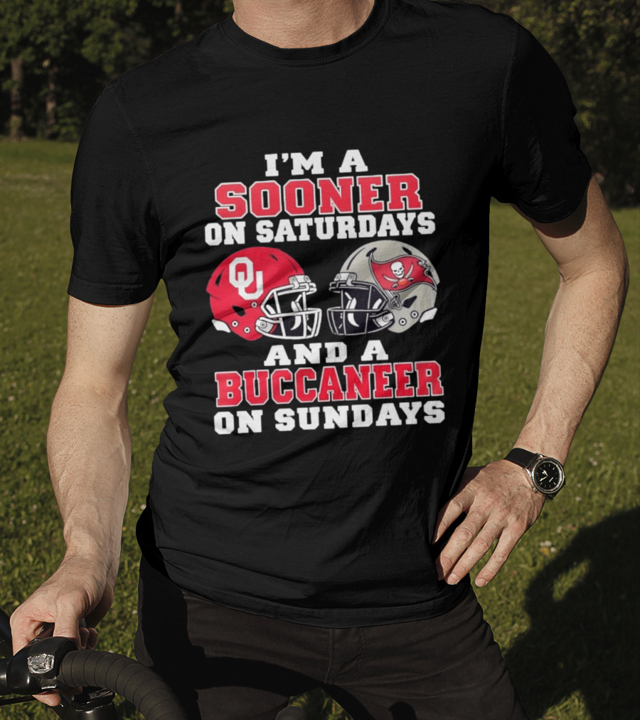 I'm A Sooner On Saturdays And A Buccaneer On Sundays Football Helmets OU Tampa Bay T-Shirt