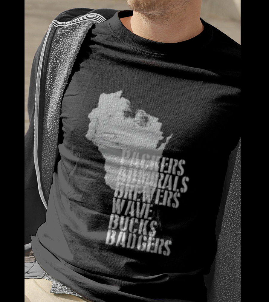Packers Admirals Brewers Wave Bucks Badgers Wisconsin State Map Stencil T-Shirt