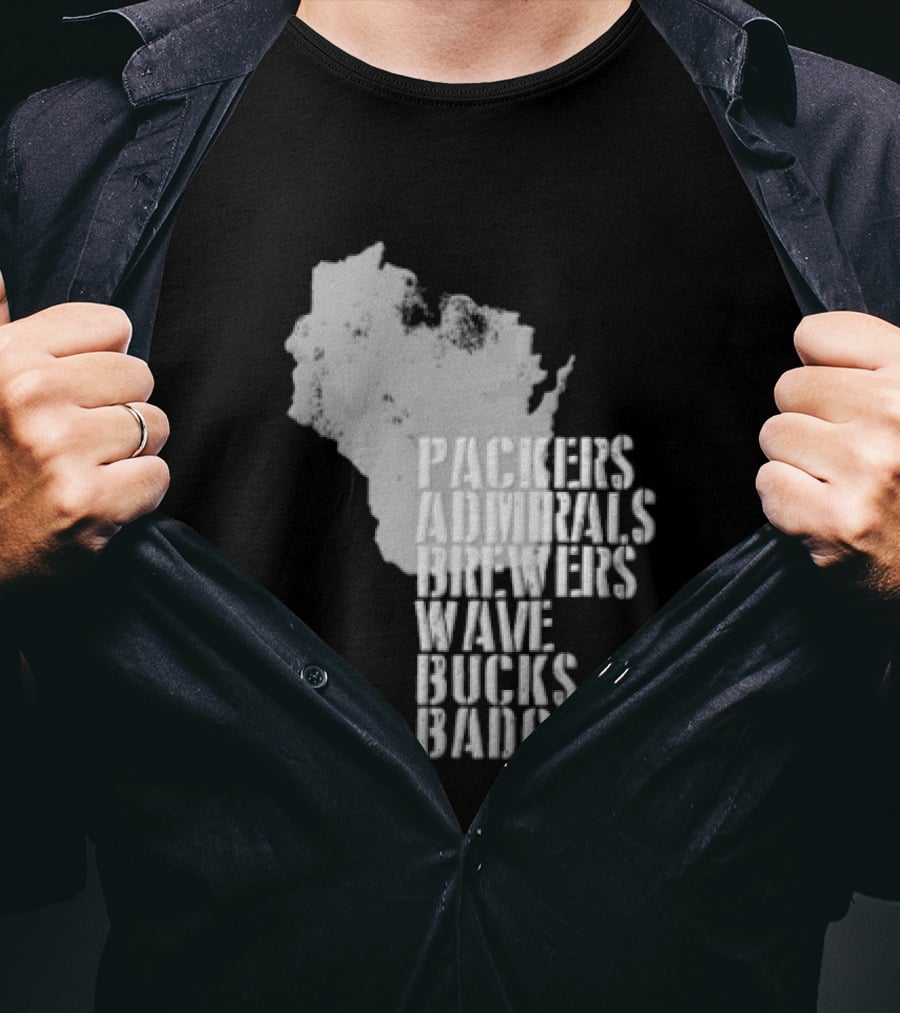 Packers Admirals Brewers Wave Bucks Badgers Wisconsin State Map Stencil T-Shirt