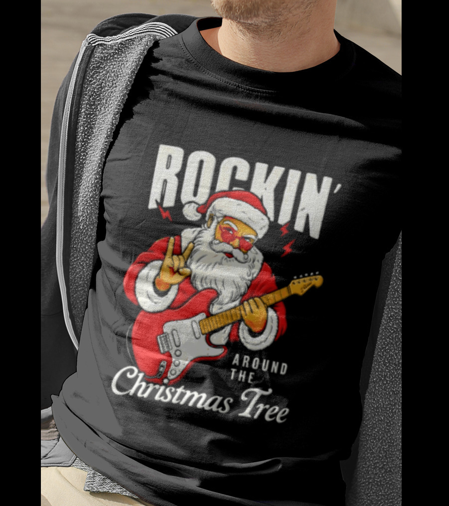 Rockin' Santa Christmas Tree Guitar Holiday T-Shirt