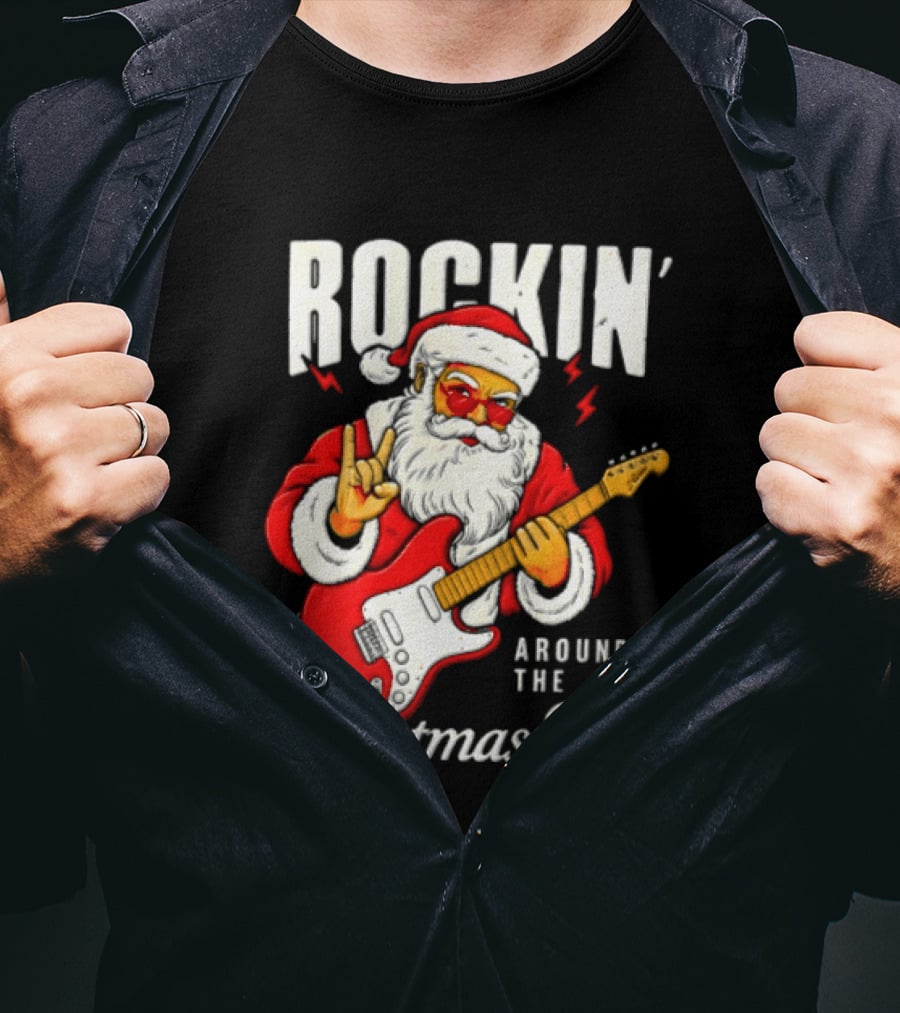 Rockin' Santa Christmas Tree Guitar Holiday T-Shirt
