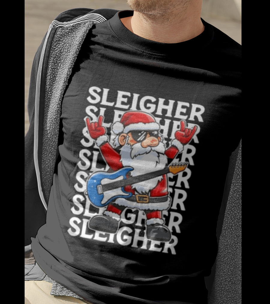Sleigher Christmas Santa Rocking Guitar Holiday T-Shirt