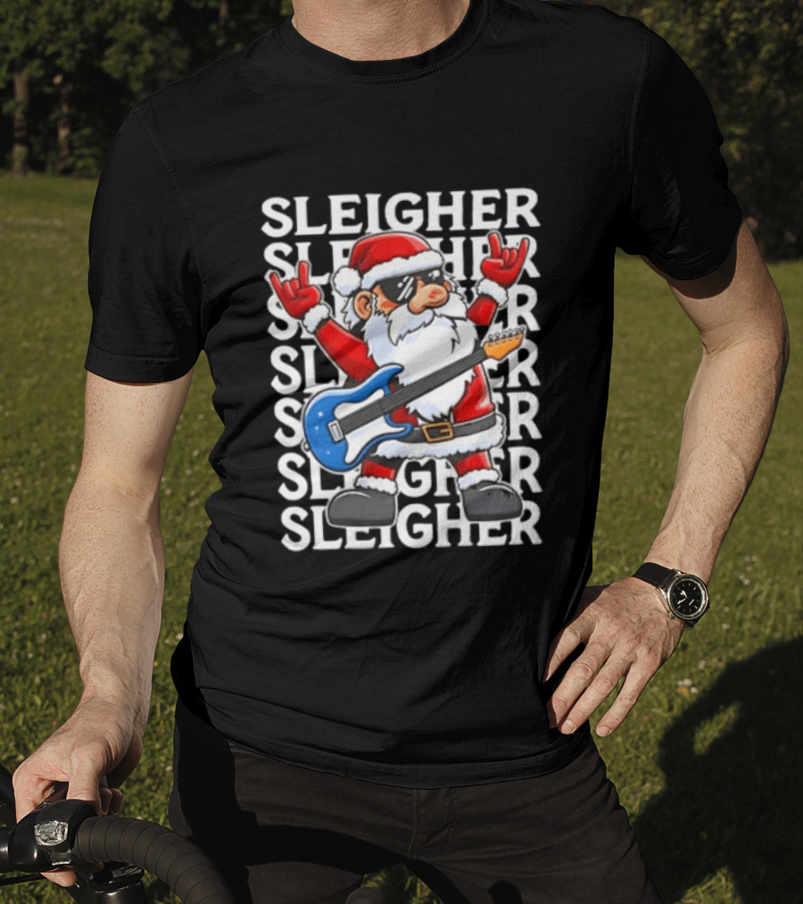 Sleigher Christmas Santa Rocking Guitar Holiday T-Shirt
