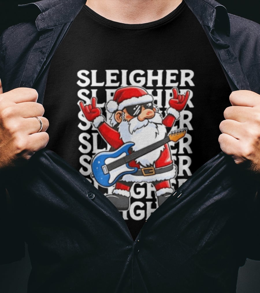 Sleigher Christmas Santa Rocking Guitar Holiday T-Shirt