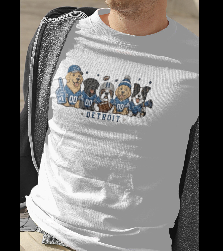 Detroit Lions Dogs Wearing Football Jerseys And Hats With Foam Finger And Megaphone T-Shirt