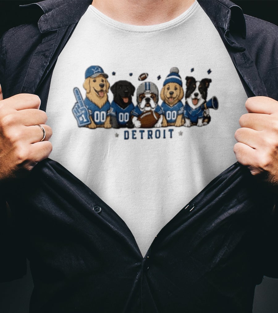Detroit Lions Dogs Wearing Football Jerseys And Hats With Foam Finger And Megaphone T-Shirt