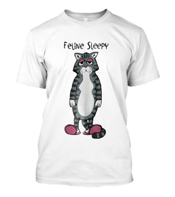 Feline Sleepy Grey Tabby Cat With Pink Slippers T-Shirt
