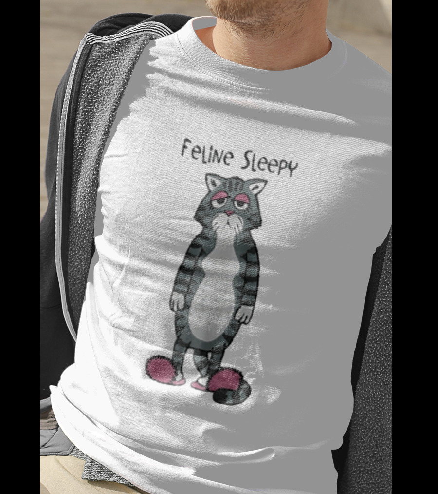 Feline Sleepy Grey Tabby Cat With Pink Slippers T-Shirt