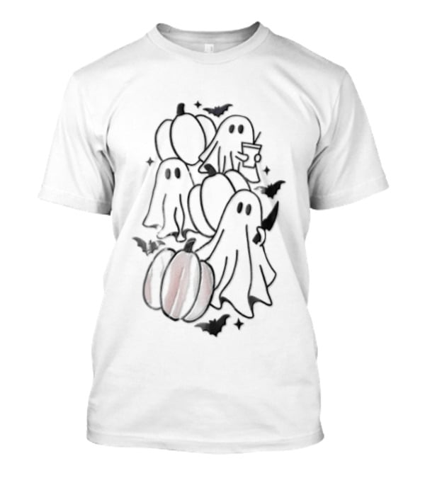 Ghosts Pumpkins Bats Holding Knife Halloween Scene T-Shirt