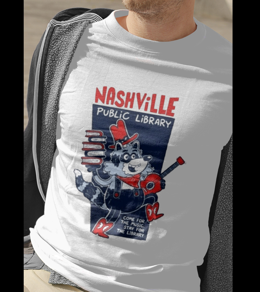 Nashville Public Library Come For The Music Stay For The Library Books Guitar Raccoon T-Shirt