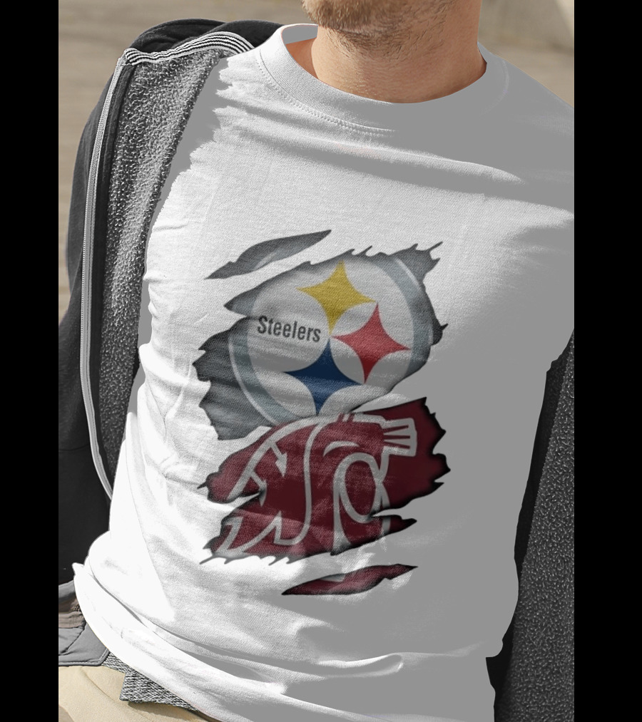 Pittsburgh Steelers Washington State Cougars Ripped Fabric T-Shirt